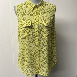 Cabi brand yellow and black sleeveless blouse. Button down front